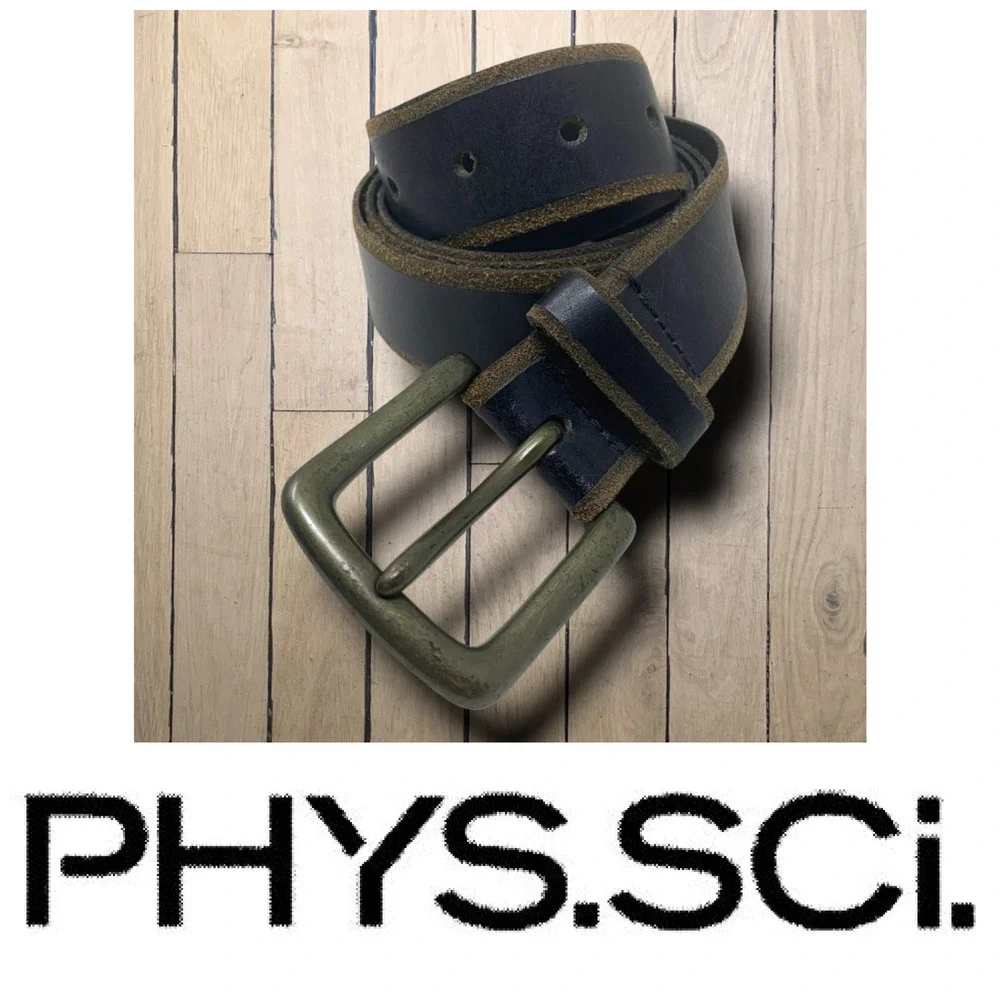 Vintage Y2K Phys.Sci. Men's Sz 44 Black Leather Raw Edge Belt Brass Hardware